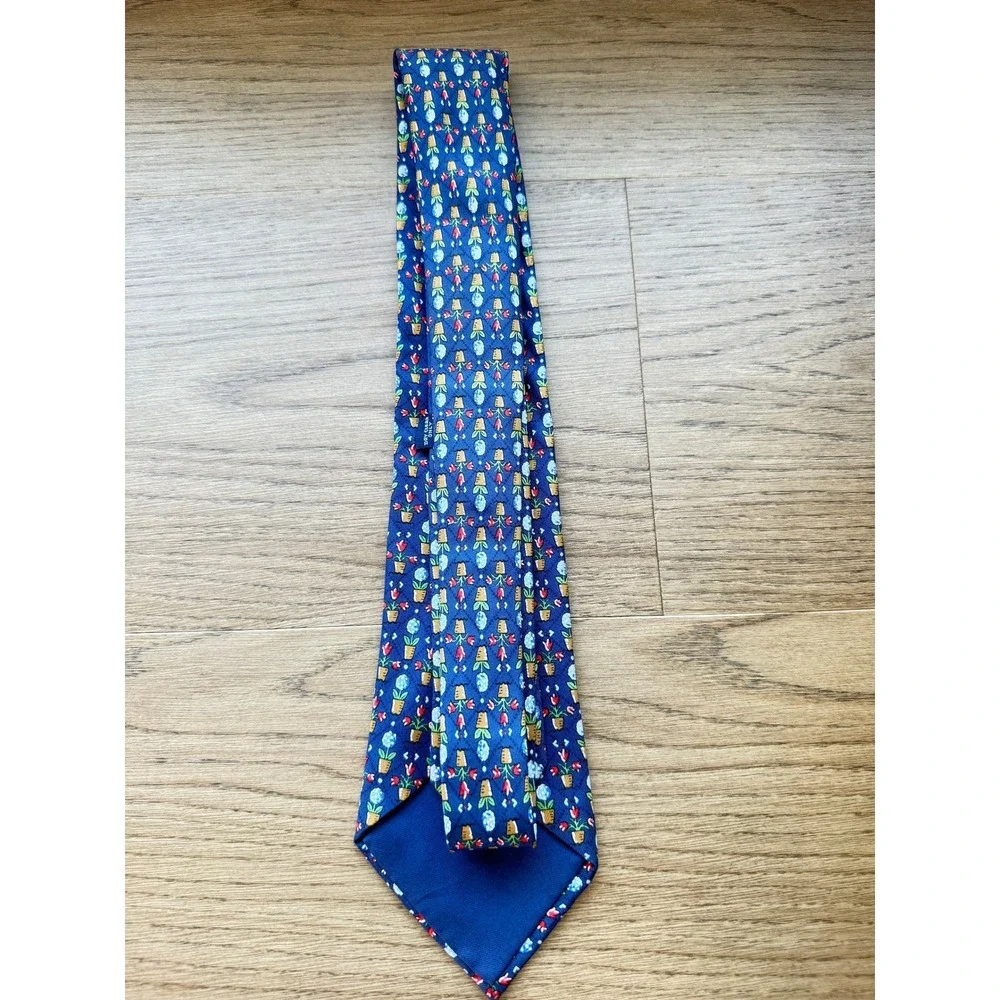 Hermes Paris Mens Blue‎ Silk Tie Potted Flowers Topiary Floral 7692 OA France